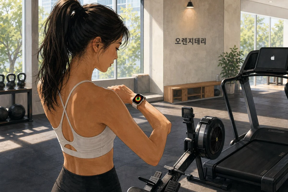 운동복 차림의 여성이 스마트워치를 확인하며 로잉머신 옆에 서 있는 모습 — AI 자료 이미지