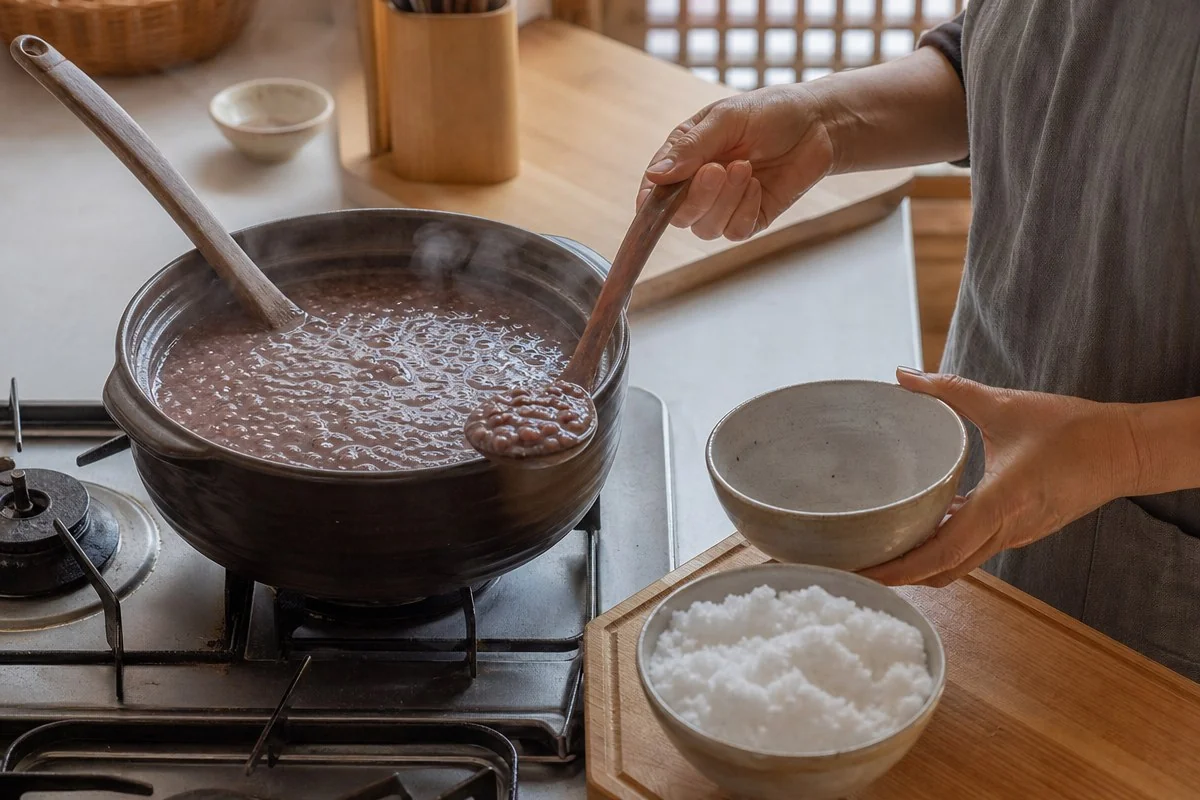 가스레인지 위 냄비의 팥죽을 국자로 그릇에 덜어내는 모습 — AI로 생성한 자료 이미지