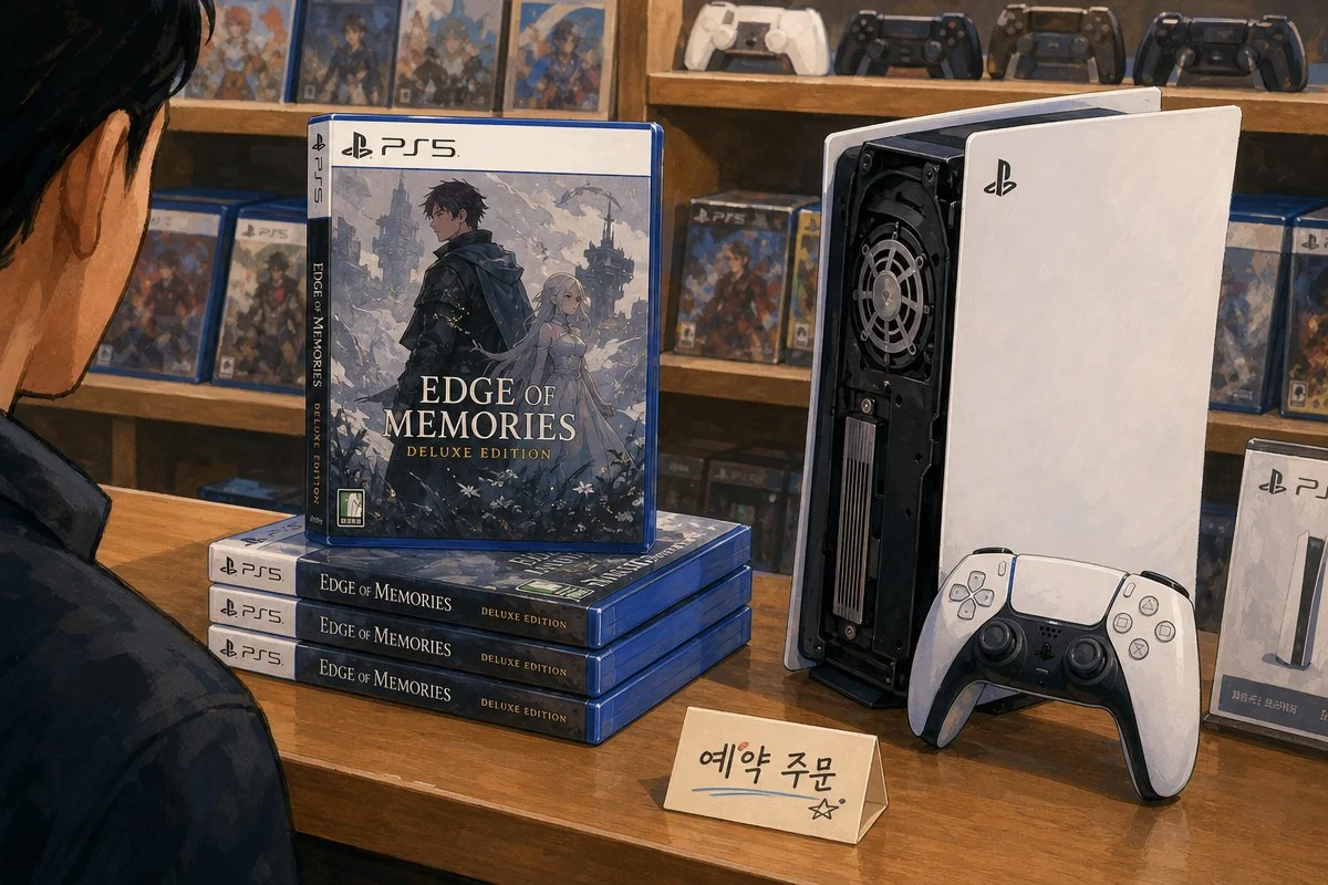 PS5 게임 패키지와 콘솔, 컨트롤러 옆에 놓인 예약 주문 안내판 — 이해를 돕는 AI 자료 이미지