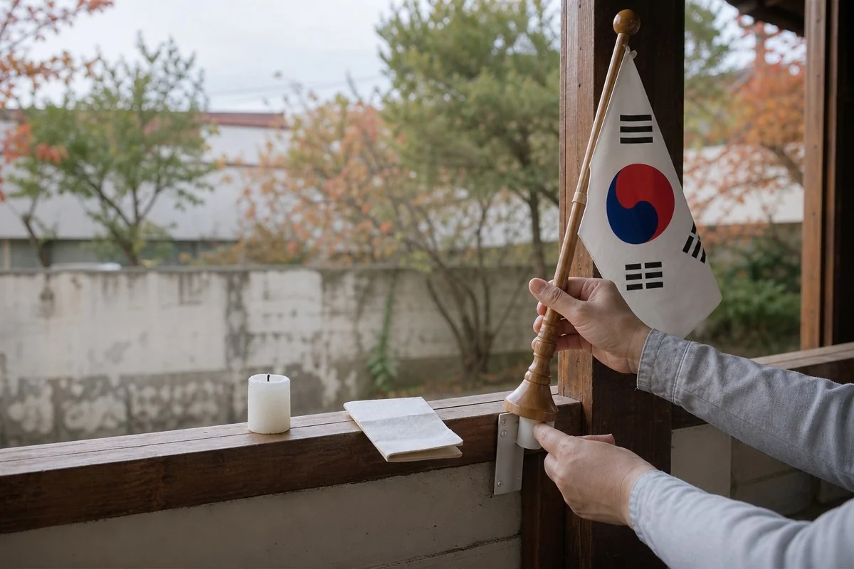 나무 창가에서 태극기와 양초, 펼친 종이를 준비하는 모습 — AI 자료 이미지