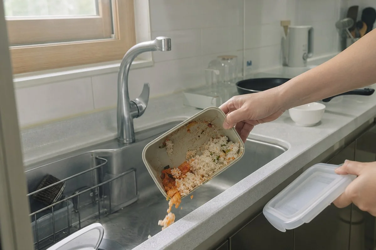 싱크대에서 남은 음식물을 기울인 도시락 통과 뚜껑을 든 모습 — AI로 생성한 자료 이미지