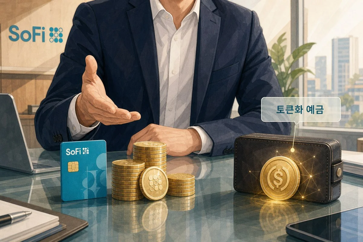 정장 차림의 남성이 금화와 동전, 디지털 지갑을 책상 위에 펼쳐 보이는 모습 — AI로 생성한 자료 이미지