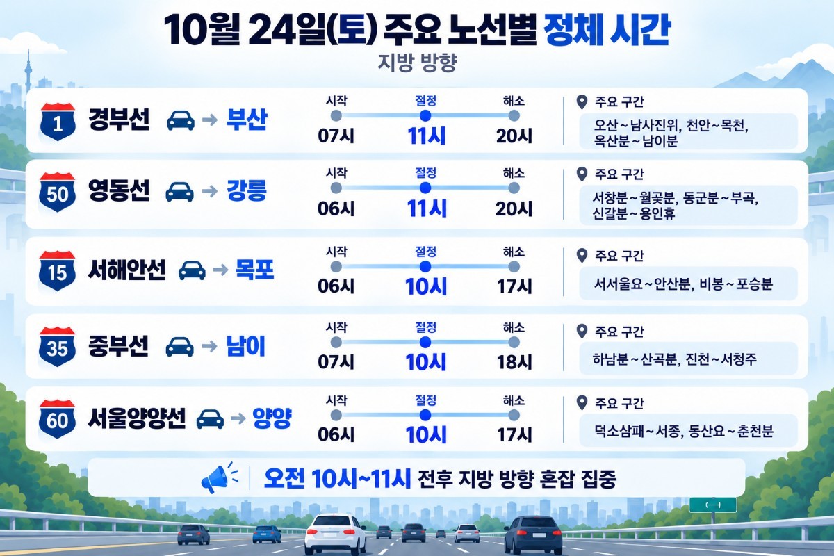 24일 전국 고속도로 지방 방향 주요 노선별 혼잡 예상 시간과 구간. / 기사의 이해를 돕기 위한 AI 생성 이미지