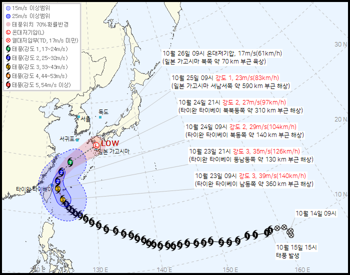 23일 오전 10시 기상청이 발표한 태풍 정보에 담긴 제30호 태풍 '참피' 예상 이동경로 / 기상청