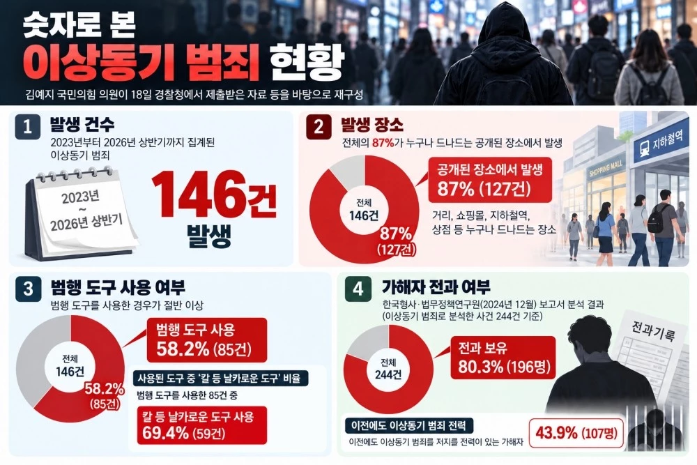 김예지 국민의힘 의원이 지난 18일 경찰청에서 제출받은 자료와  한국형사·법무정책연구원이 2024년 12월 발간한 '이상동기 범죄 예방 및 가해자 관리체계 개선방안' 보고서를 바탕으로 생성한 인포그래픽 이미지. AI툴을 활용했습니다.