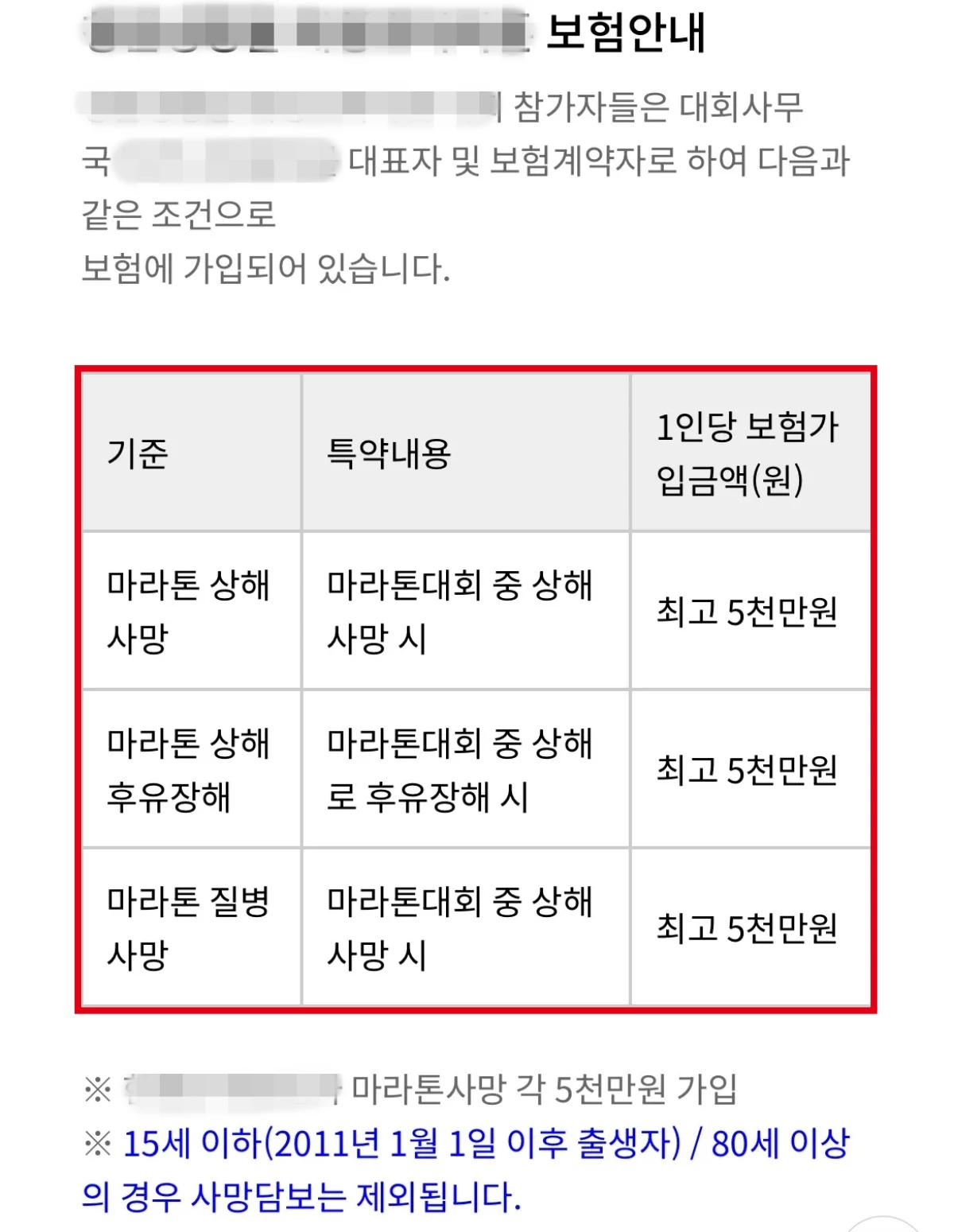 심근경색·뇌출혈 등 경기 중 발생 가능한 질환에 대해 5000만 원의 질병사망 특약 제공을 명시한 충청권 B 마라톤 보장 규정. / 홈페이지 갈무리