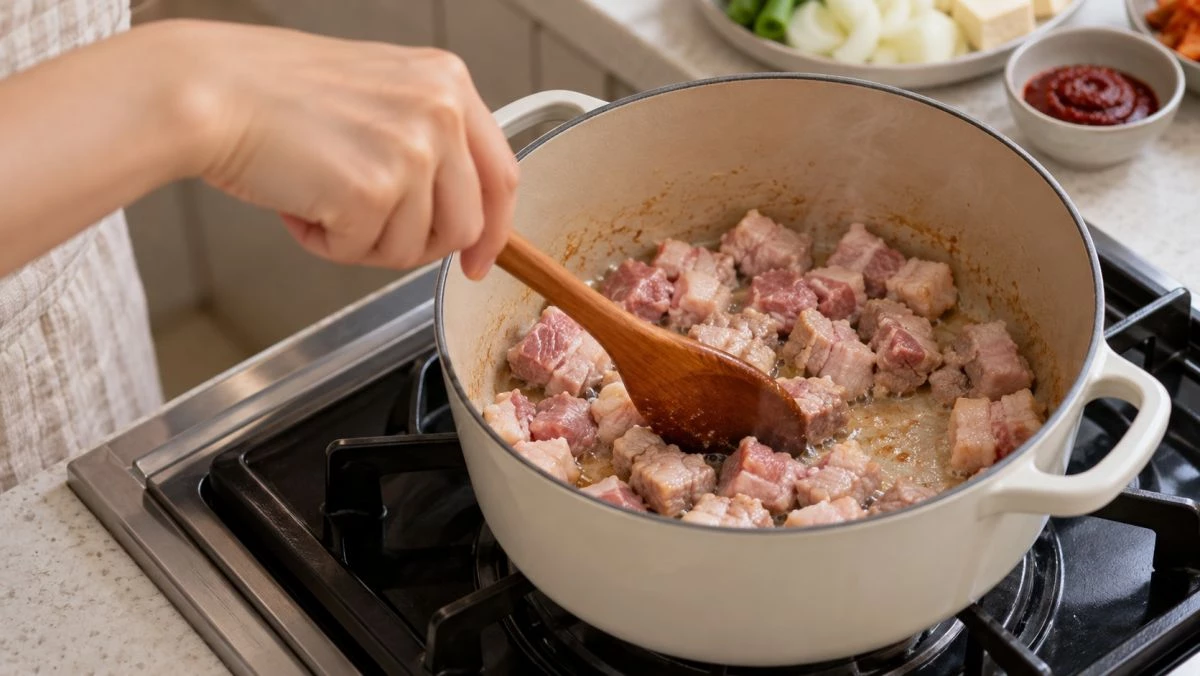 냄비에 식용유를 두르고 중불로 달군 뒤 돼지고기를 넣는다. 고기 겉면의 붉은빛이 사라질 때까지 볶다가 중약불로 줄인다. 여기에 고추장 2큰술과 다진 마늘을 넣고 30초~1분 정도 저어가며 볶는다. / 기사 이해를 돕기 위해 AI로 제작한 자료 이미지로, 실제 모습과 다소 차이가 있을 수 있습니다.