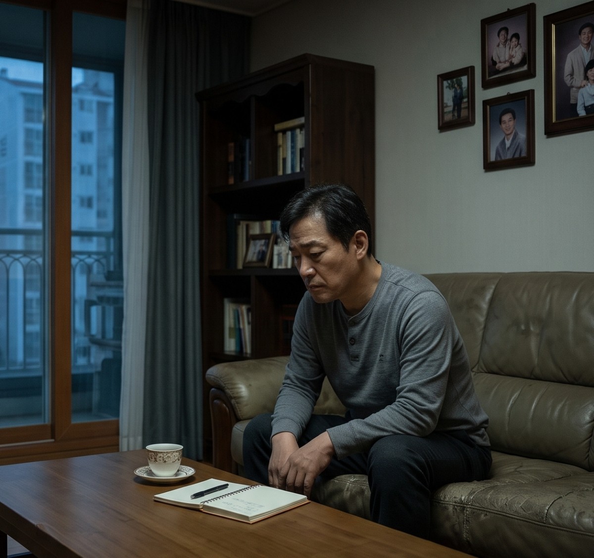 깊은 약점과 상처에 대해 생각 중인 중년. 깊은 약점과 상처