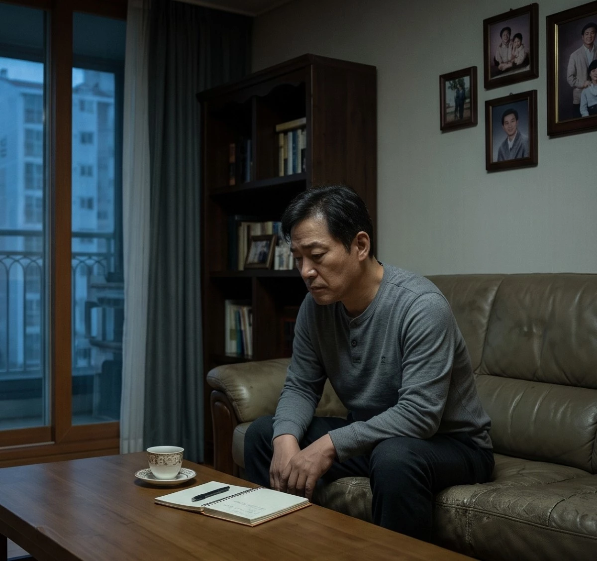 깊은 약점과 상처에 대해 생각 중인 중년. 깊은 약점과 상처