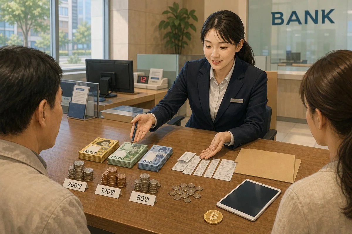 은행 창구에서 직원이 두 방문객 앞에 현금과 서류를 펼쳐 놓은 모습 — AI 자료 이미지