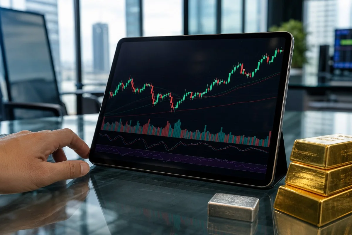 금괴 옆 태블릿 화면의 가상자산 가격 차트를 가리키는 손길 — AI 자료 이미지