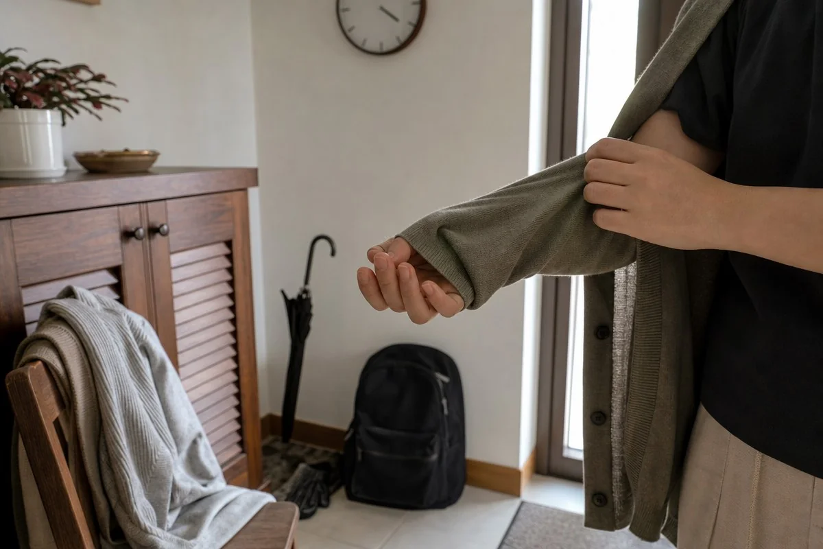 현관 앞에서 회색 가디건 소매를 정리하며 걸쳐 입는 모습 — 내용 이해를 돕는 AI 이미지
