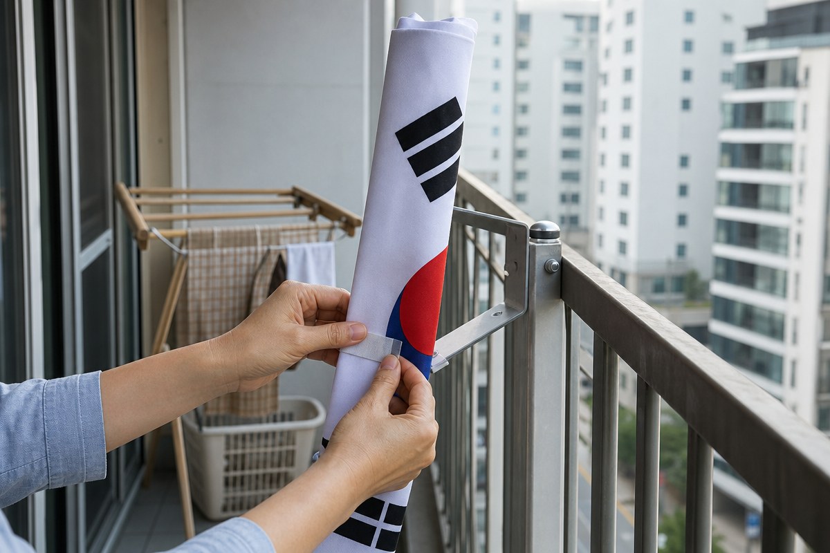 [생활정보] 베란다 '태극기'는 거치대에 달아보세요, 천이 바닥에 닿지 않습니다