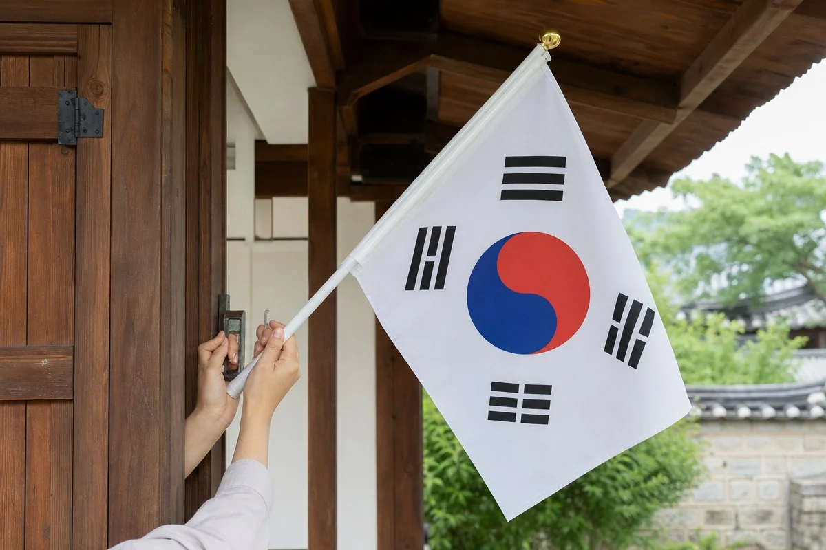 처마 아래 나무 출입문 옆에 태극기 깃대를 설치하는 모습 — 이해를 돕는 AI 자료 이미지