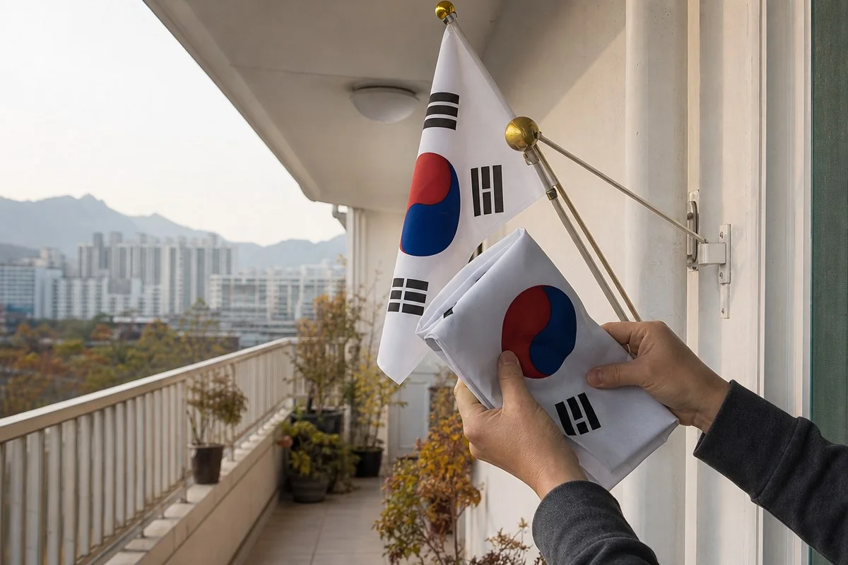 베란다 벽면 거치대에 태극기를 걸고 접은 태극기를 들어 보이는 모습 — 내용 이해를 돕는 AI 이미지