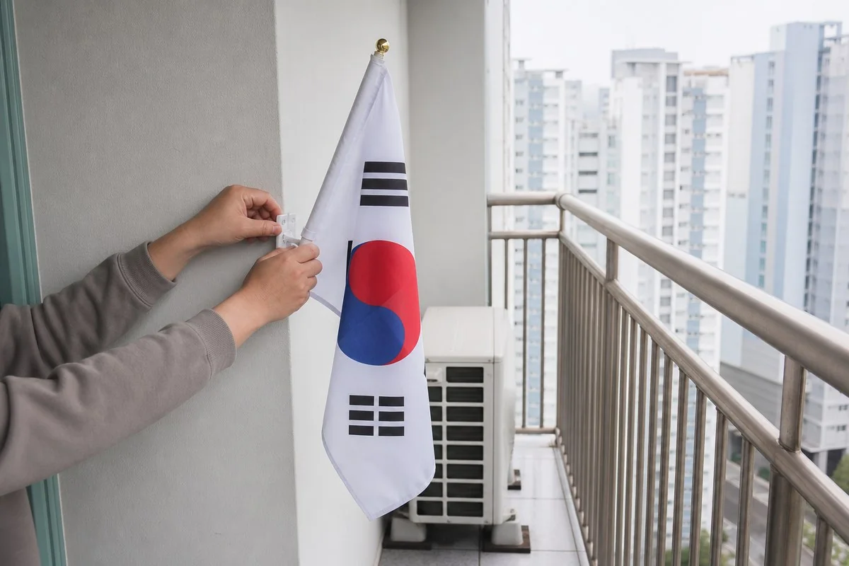 발코니 에어컨 실외기 옆 외벽에 태극기를 묶어 다는 모습 — AI로 생성한 자료 이미지