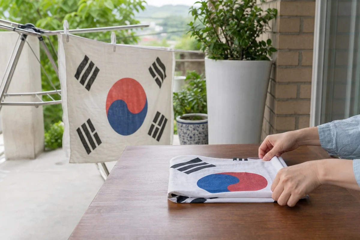베란다 난간에 걸린 태극기 앞에서 식탁 위 태극기를 접는 모습 — AI 자료 이미지