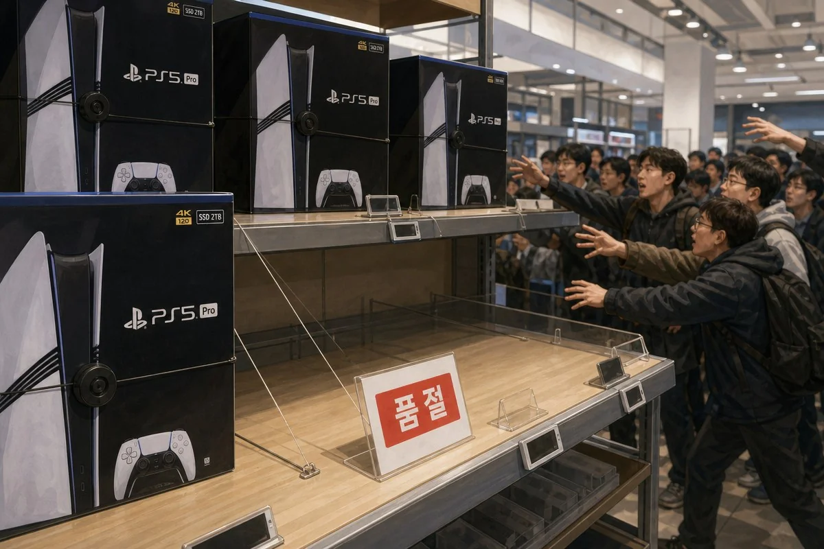진열대의 PS5 상자와 품절 안내문 앞에 몰려든 사람들 — 내용 이해를 돕는 AI 이미지