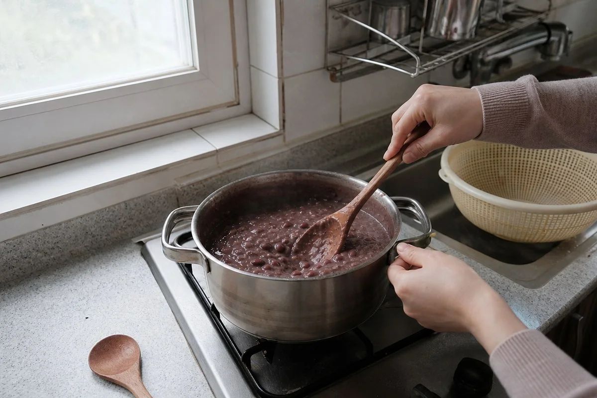 체와 조리도구를 곁에 두고 냄비 속 붉은 죽을 젓는 모습 — AI 자료 이미지