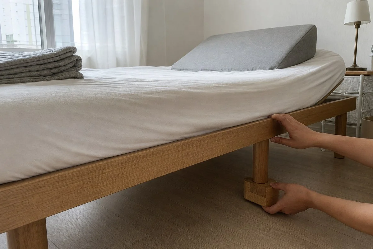 침대 아래 나무 받침대를 받쳐 침대 다리를 조정하는 모습 — AI 자료 이미지