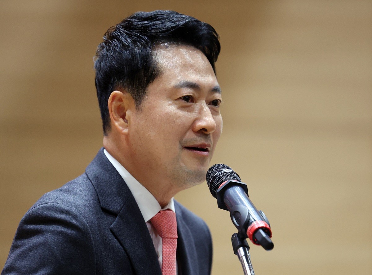 장동혁 국민의힘 대표가 23일 서울 여의도 국회 의원회관에서 열린 '입틀막법 총력투쟁 결의대회'에서 축사를 하고 있다. 기사 이해를 돕기 위한 자료 사진 / 뉴스1