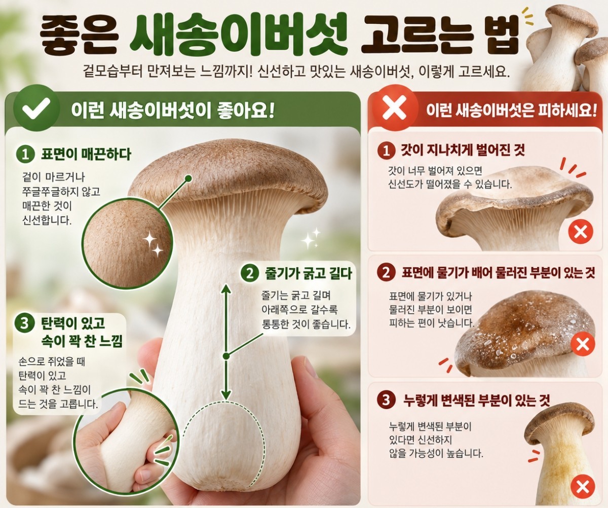 기사 본문을 바탕으로 새송이버섯 고르는 법을 나타낸 인포그래픽 이미지. AI툴로 생성됐습니다.