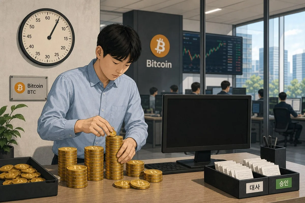 사무실 책상에서 남성이 비트코인 동전을 쌓아 세는 모습 — AI 자료 이미지