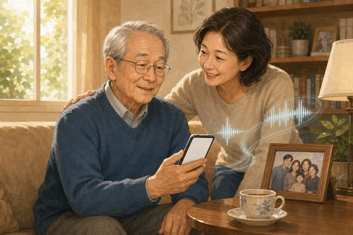 노년 남성이 휴대전화를 들고 여성과 함께 음성 파형을 바라보는 모습 — 내용 이해를 돕는 AI 이미지