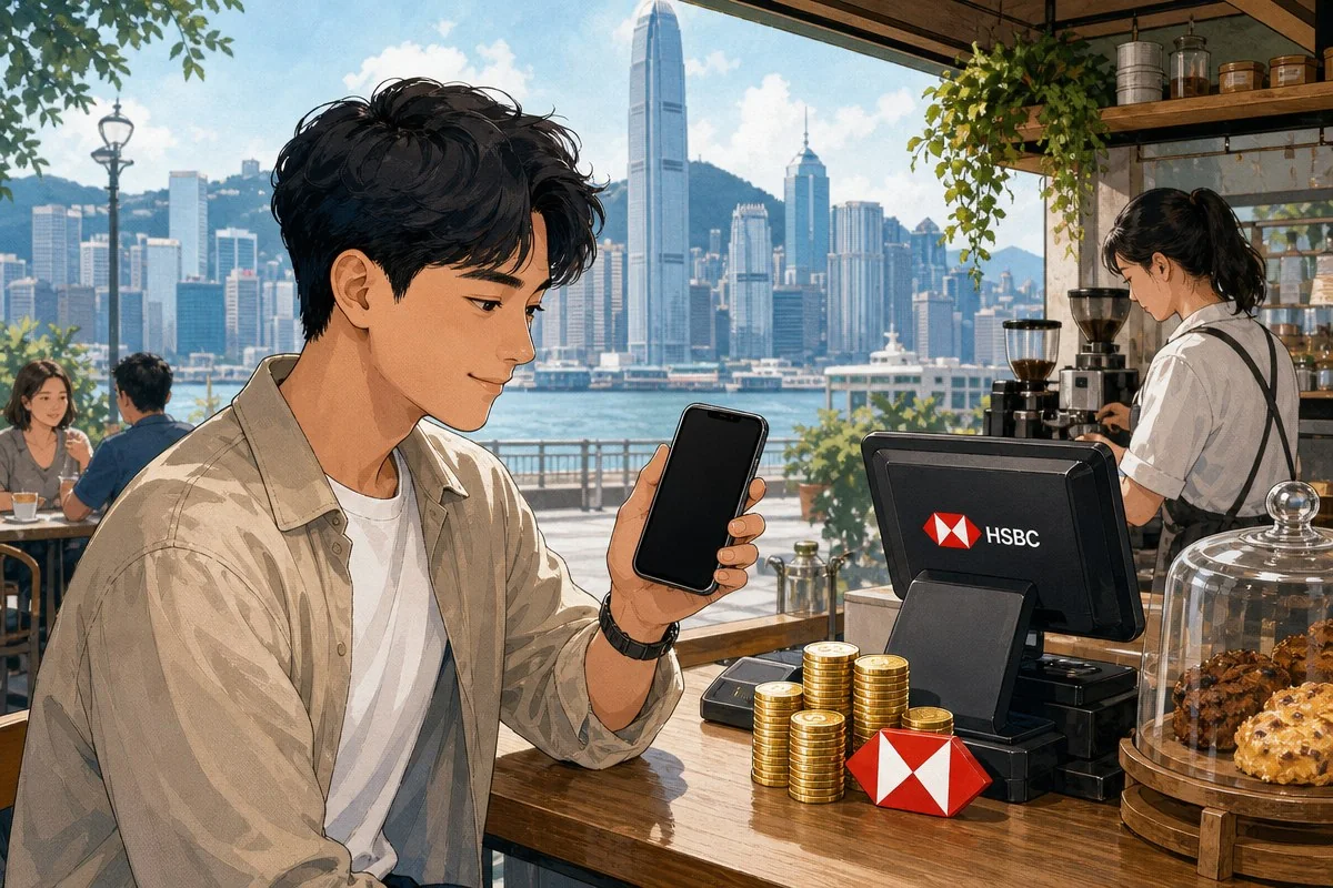 도심 전망 카페에서 휴대전화를 들고 금화 더미 앞에 앉은 남성 — 이해를 돕는 AI 자료 이미지