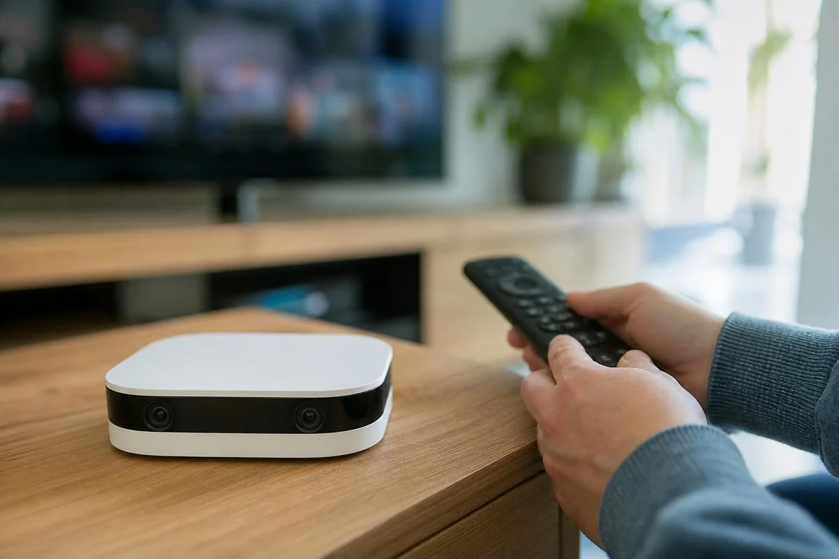 TV 앞 나무 탁자 위 소형 셋톱박스를 리모컨으로 조작하는 모습 — AI 자료 이미지