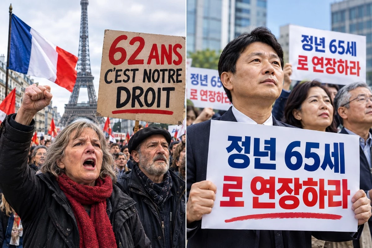 왼쪽은 은퇴 연령 상향에 반대하는 프랑스 시위대를, 오른쪽은 법정 정년을 60세에서 65세로 연장할 것을 요구하는 한국 시민을 묘사했다. 실제 시위 현장을 촬영한 사진이 아닌 AI 생성 이미지다.