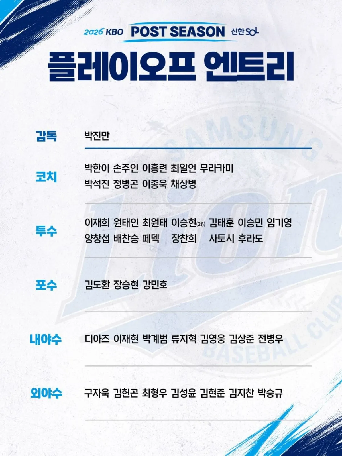 삼성 라이온즈 엔트리. / KBO 인스타그램
