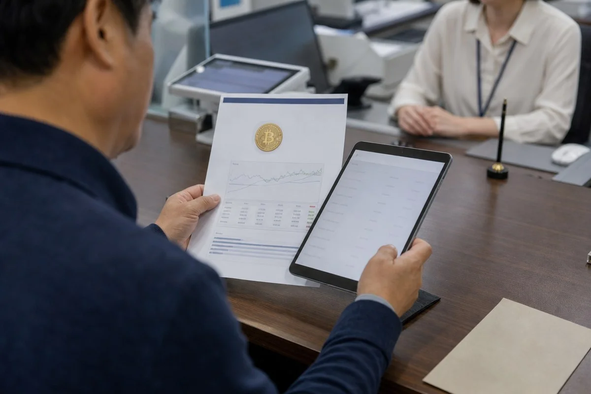 비트코인 기호가 표시된 서류와 태블릿을 확인하는 모습 — 내용 이해를 돕는 AI 이미지