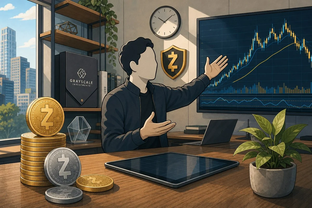 책상 앞에서 모니터의 가격 차트를 가리키며 설명하는 모습 — AI 자료 이미지
