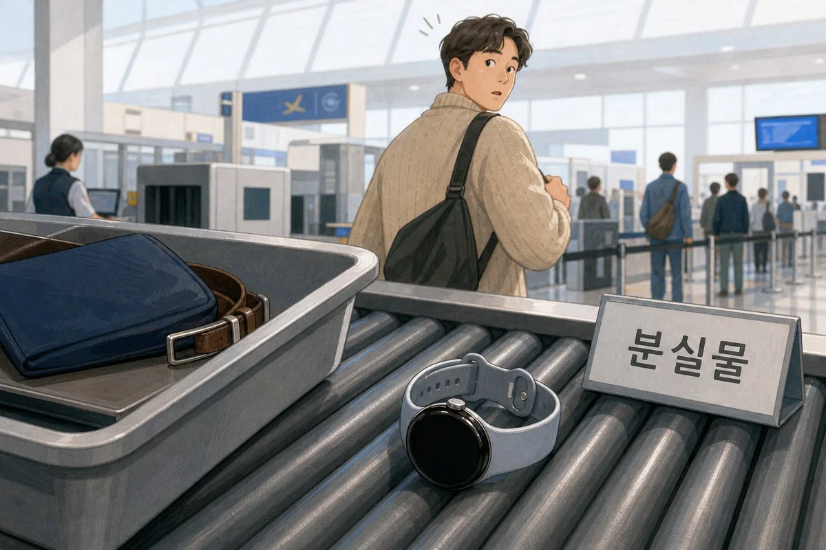공항 검색대 컨베이어 위 스마트워치와 분실물 안내판 놓인 모습 — AI로 생성한 자료 이미지