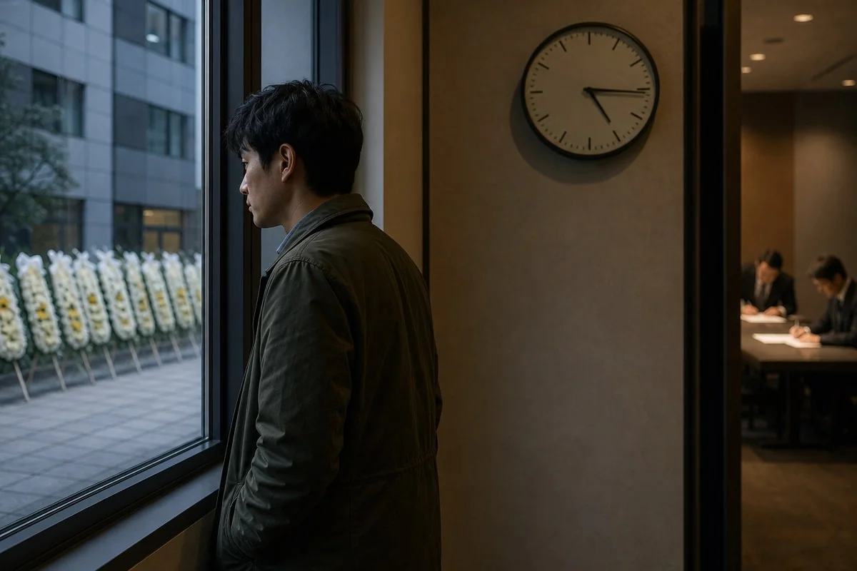 검은 재킷을 입은 남성이 창밖을 바라보며 벽시계 옆에 서 있는 모습 — 이해를 돕는 AI 자료 이미지