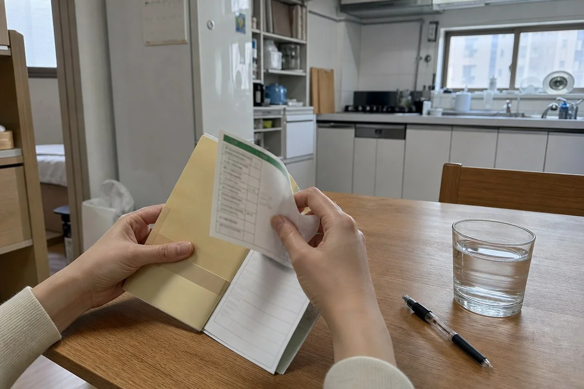 유리컵과 검은 펜이 놓인 식탁에서 안내 책자를 펼쳐 살펴보는 모습 — AI 자료 이미지