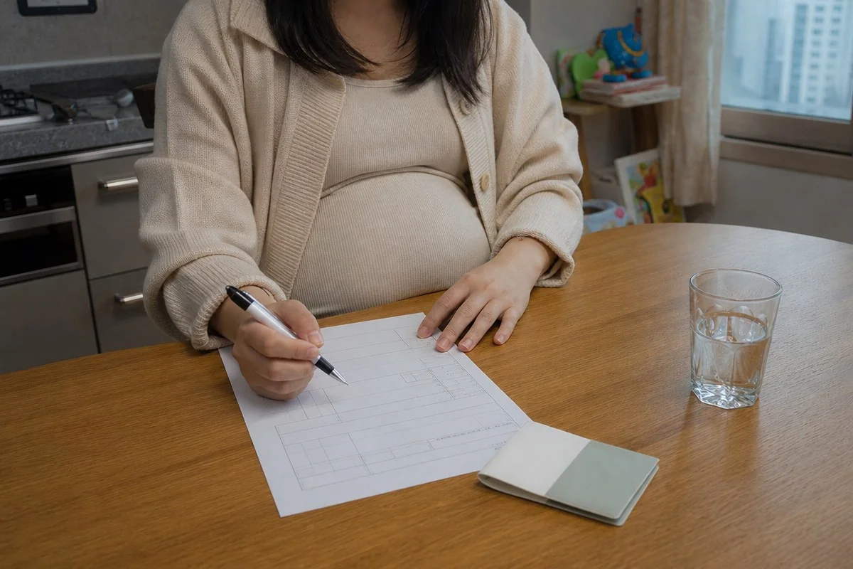나무 식탁에서 서류에 펜으로 내용을 적는 임신부 모습 — 내용 이해를 돕는 AI 이미지