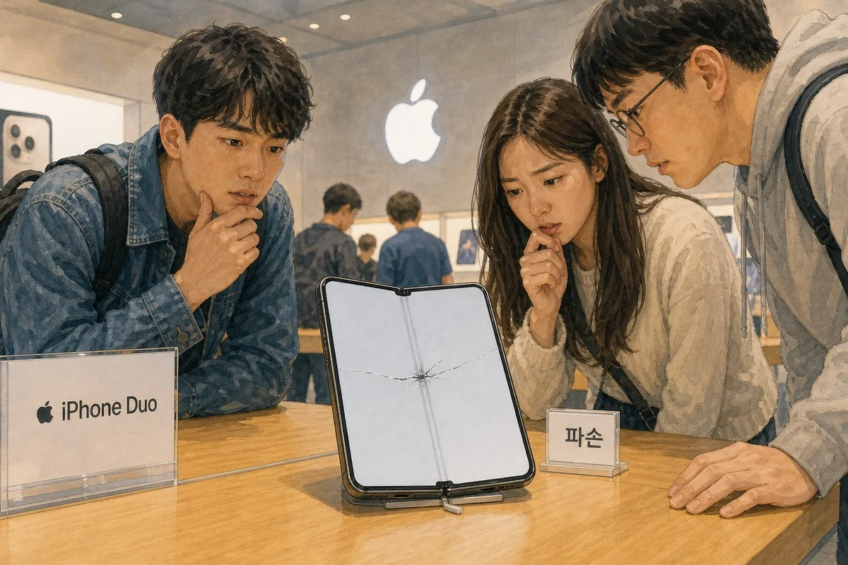 애플 매장에서 금이 간 아이폰 듀오를 살펴보는 세 사람 — 이해를 돕는 AI 자료 이미지