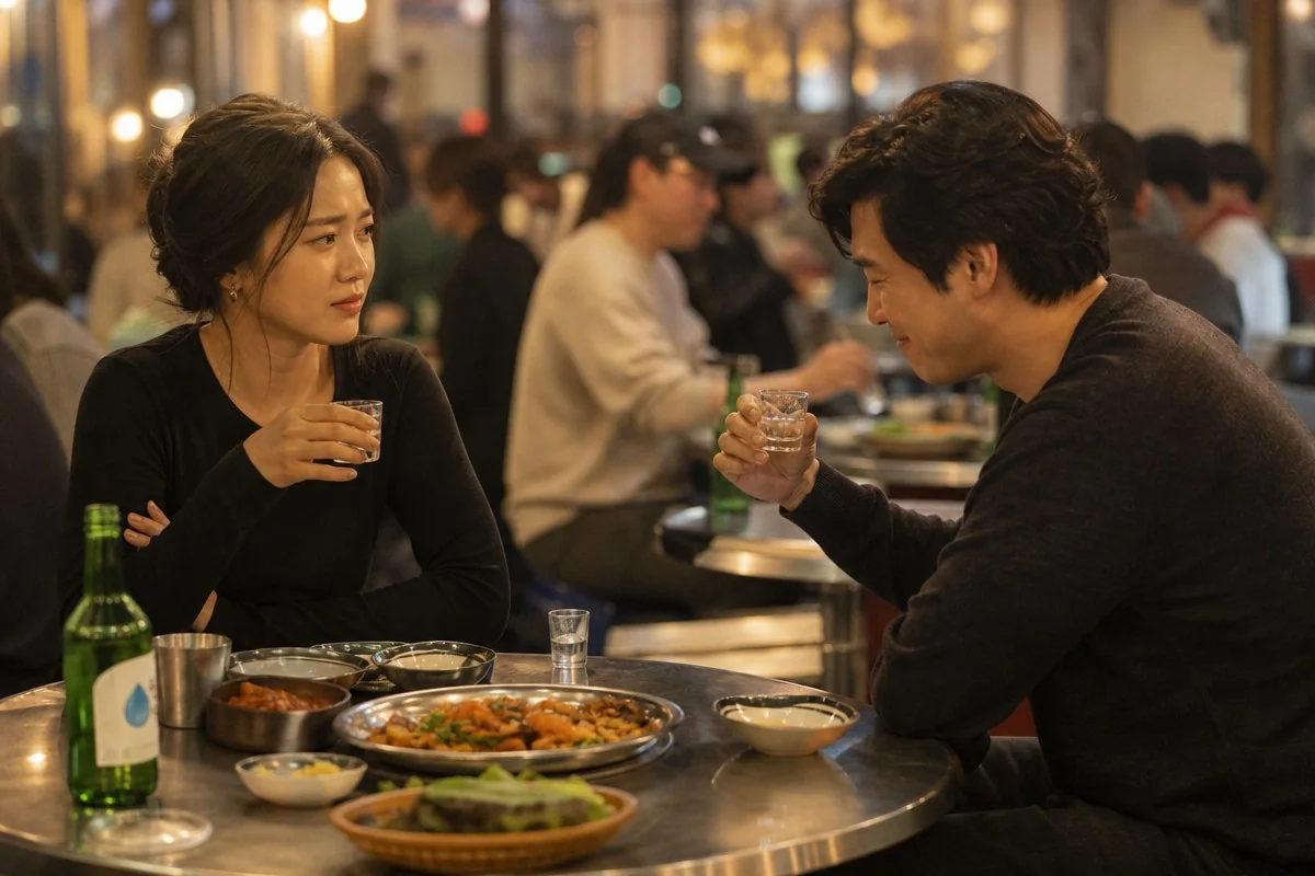 식당 테이블에서 마주 앉아 잔을 들고 서로 바라보는 모습 — AI 자료 이미지