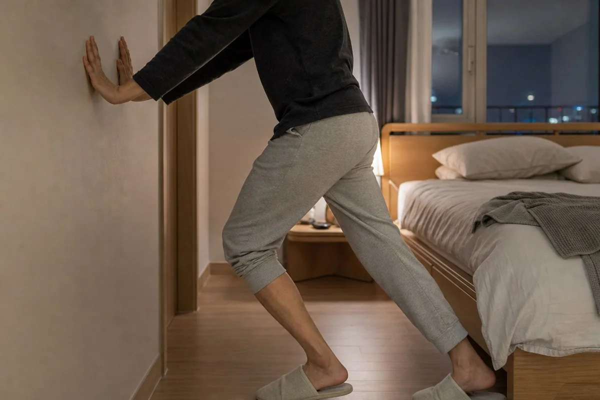 벽을 짚고 한쪽 다리를 뒤로 뻗어 종아리를 늘리는 모습 — AI로 생성한 자료 이미지