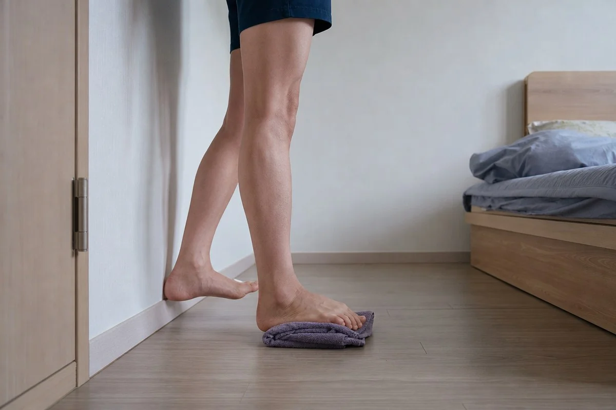 벽 옆에서 한 발을 접은 수건에 올리고 다른 발끝으로 선 모습 — 내용 이해를 돕는 AI 이미지