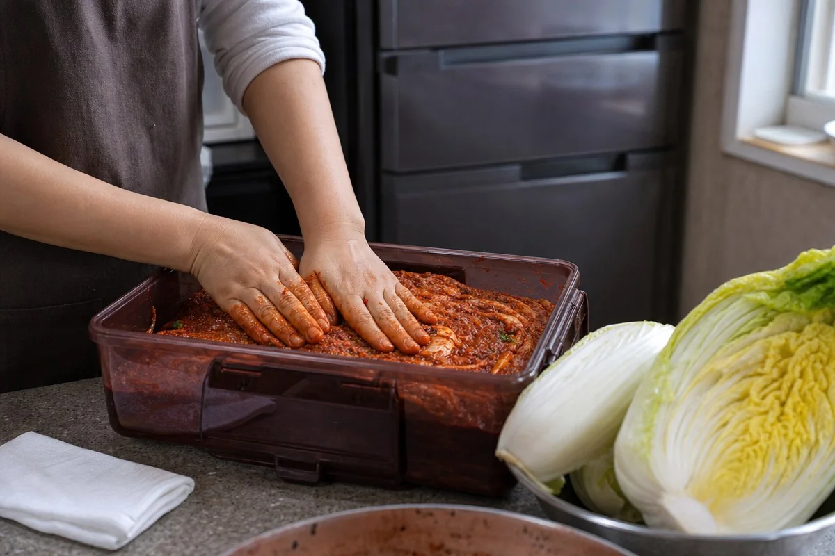큰 용기에 담긴 배추에 붉은 양념을 손으로 버무리는 모습 — AI로 생성한 자료 이미지