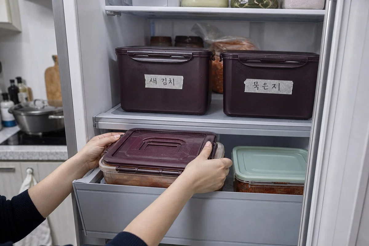 냉장고 서랍에 ‘새 김치’ 표시 밀폐용기를 넣는 모습 — AI로 생성한 자료 이미지