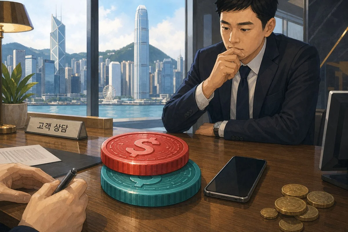 도심 전망 앞 책상에서 턱에 손을 댄 정장 남성과 빨강·청록 원형 토큰, 동전 — AI 자료 이미지