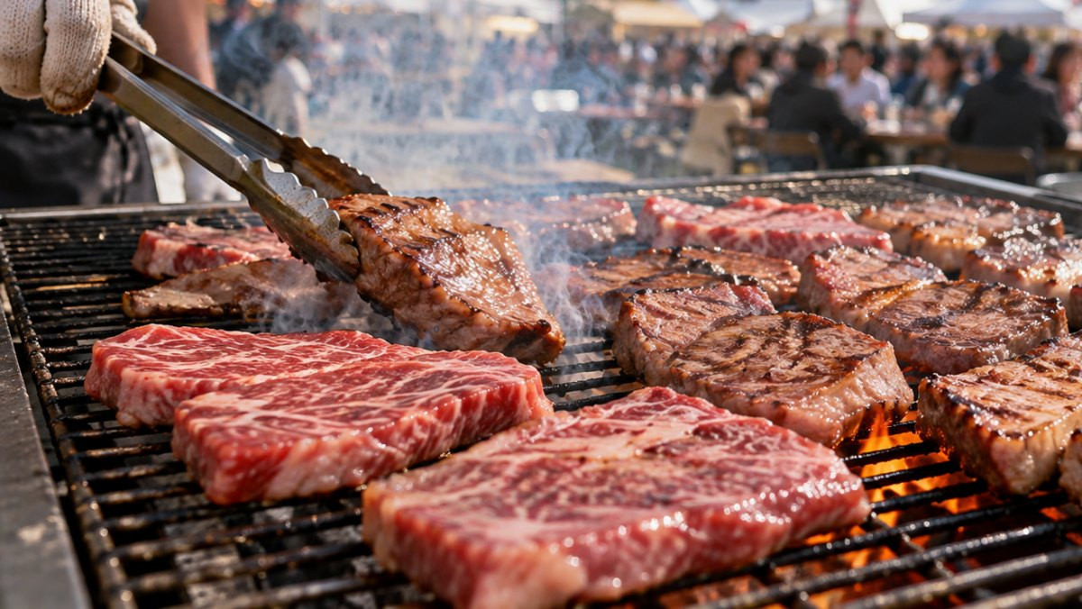 야외에서 한우를 구워먹는 사람. 기사 이해를 돕기 위해 AI툴로 생성한 자료사진. (실제 축제와 직접적인 연관이 없음을 밝힙니다.)