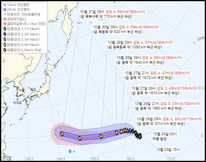 기상청이 26일 오전 10시에 발표한 태풍 '인파' 예상 이동 경로 / 기상청