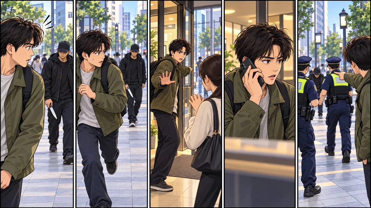 길거리에서 흉기 소지자를 발견했을 때 안전하게 대피하고 경찰에 신고하는 행동 요령. / AI 생성 이미지