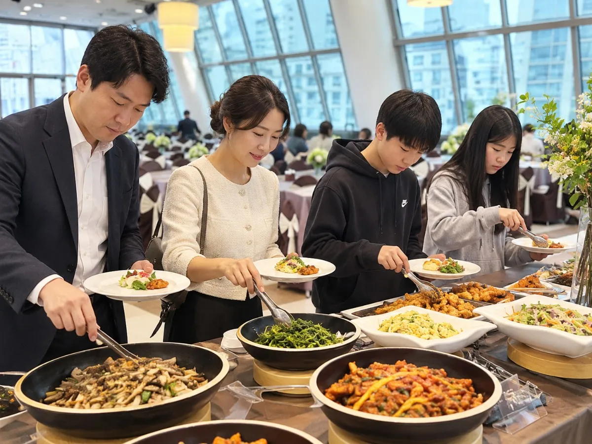 생면부지 남의 결혼식에 가족 4명을 데리고 가 축의금 10만원만 내고 뷔페를 먹는다는 사연이 온라인 커뮤니티에 올라왔다. 글에 대한 이해를 돕기 위해 AI 툴로 만든 사진.