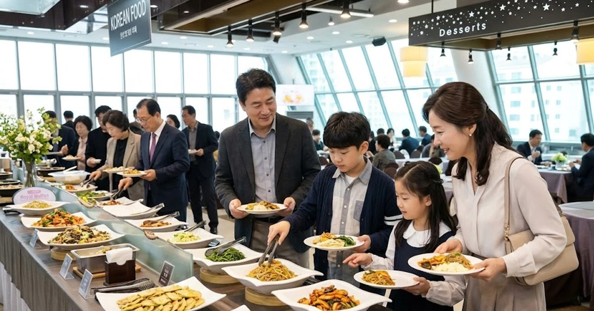 생면부지 남의 결혼식에 가족 4명을 데리고 가 축의금 10만원만 내고 뷔페를 먹는다는 사연이 온라인 커뮤니티에 올라왔다. 글에 대한 이해를 돕기 위해 AI 툴로 만든 사진.
